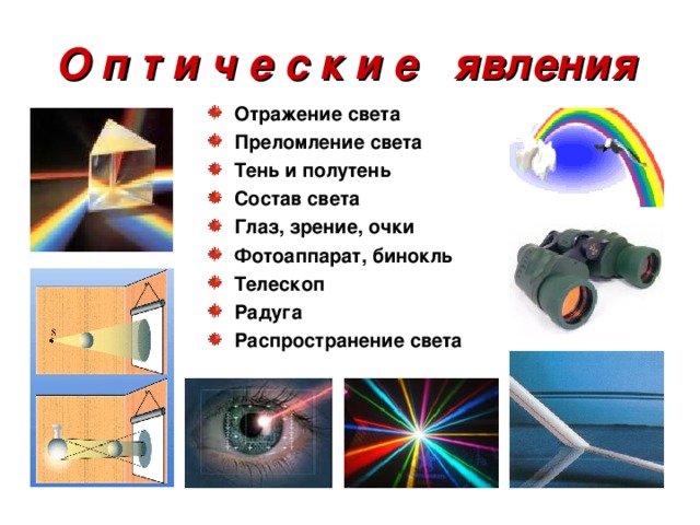 О п т и ч е с к и е явления Отражение света Преломление света Тень и полутень Состав света Глаз, зрение, очки Фотоаппарат, бинокль Телескоп Радуга Распространение света   
