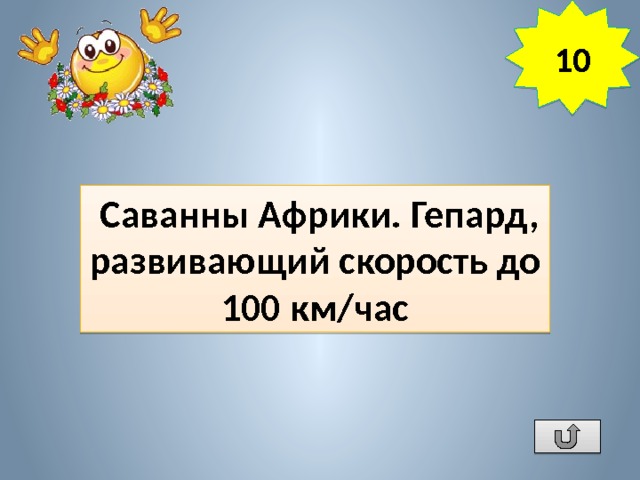 10  Саванны Африки. Гепард, развивающий скорость до 100 км/час Где обитает самое быстрое животное суши? 
