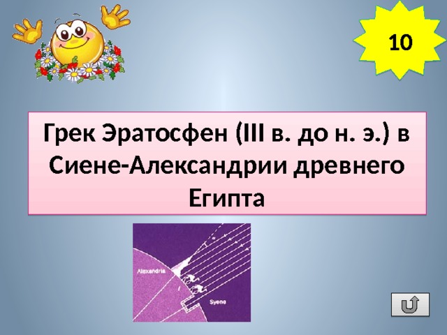 10 Грек Эратосфен (III в. до н. э.) в Сиене-Александрии древнего Египта Кто из ученых впервые измерил Землю (радиус и окружность) с погрешностью не более 1%? 