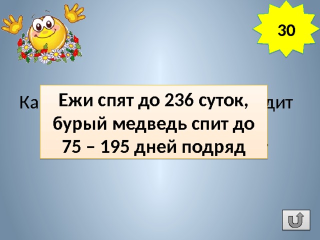 30 Ежи спят до 236 суток, бурый медведь спит до 75 – 195 дней подряд Какое млекопитающее проводит самое длительное время в состоянии спячки без еды? 