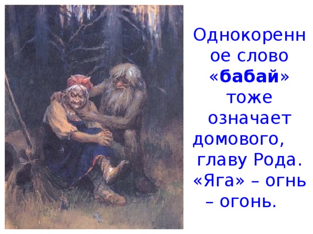 Однокоренное слово « бабай » тоже означает домового, главу Рода. «Яга» – огнь – огонь. 