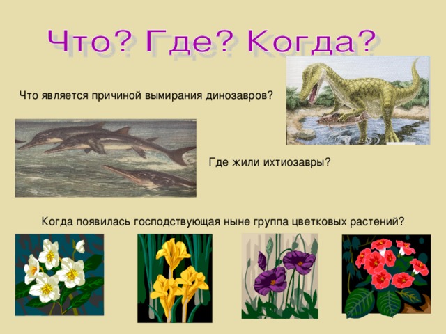 Что является причиной вымирания динозавров? Где жили ихтиозавры? Когда появилась господствующая ныне группа цветковых растений? 