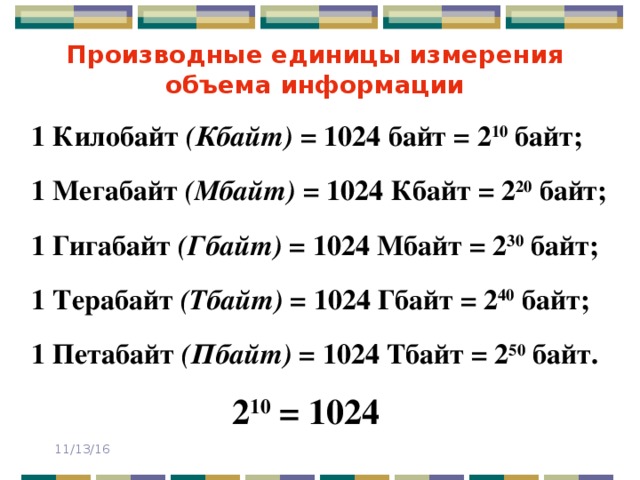 Производные единицы измерения объема информации 1 Килобайт (Кбайт) = 1024 байт = 2 10 байт;  1 Мегабайт (Мбайт) = 1024 Кбайт = 2 20 байт;  1 Гигабайт (Гбайт) = 1024 Мбайт = 2 30 байт;  1 Терабайт (Тбайт) = 1024 Гбайт = 2 40 байт;  1 Петабайт (Пбайт) = 1024 Тбайт = 2 50 байт. 2 10 = 1024 11/13/16 