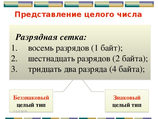 Представление целого числа  Разрядная сетка:  восемь разрядов (1 байт);  шестнадцать разрядов (2 байта);  тридцать два разряда (4 байта); Беззнаковый  целый тип Знаковый целый тип 11/13/16 