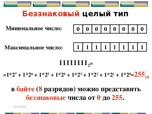 Беззнаковый  целый тип Минимальное число: 0 0 0 0 0 0 0 0 Максимальное число: 1 1 1 1 1 1 1 1 11111111 2 =  =1*2 7 + 1*2 6 + 1*2 5 + 1*2 4 + 1*2 3 + 1*2 2 + 1*2 1 + 1*2 0 = 255 10 в байте ( 8 разрядов) можно представить  беззнаковые числа от 0 до 255 . 11/13/16 