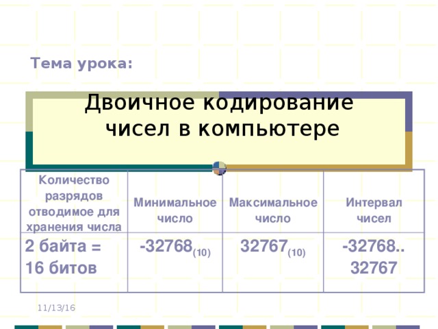 Тема урока: Двоичное кодирование чисел в компьютере Количество разрядов отводимое для хранения числа  2 байта = 16 битов  Минимальное число -32768 (10)  Максимальное число 32767 (10) Интервал чисел -32768.. 32767 11/13/16 