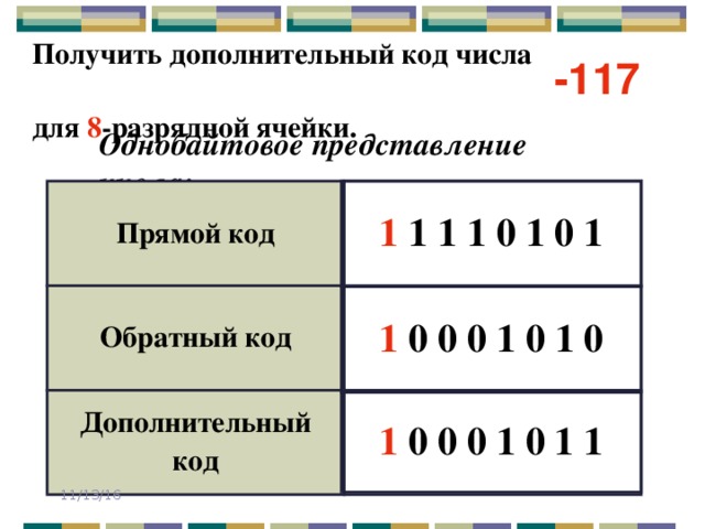 Получить дополнительный код числа для 8 -разрядной ячейки. -117 Однобайтовое представление числа: 1 1 1 1 0 1 0 1 Прямой код Обратный код Дополнительный код 1 0 0 0 1 0 1 0 1 0 0 0 1 0 1 1 11/13/16 