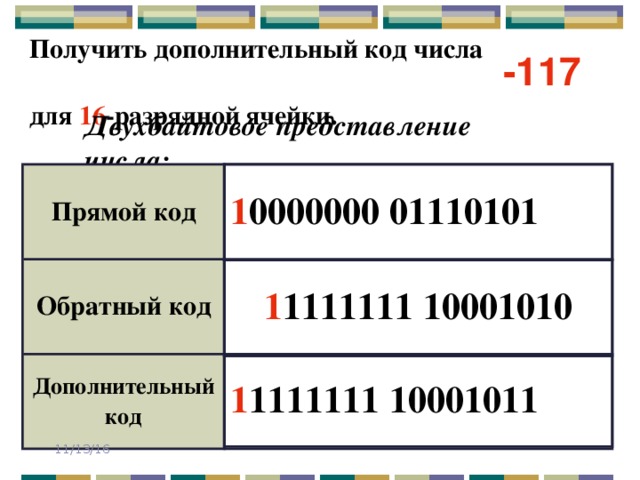 Получить дополнительный код числа для 16 -разрядной ячейки. -117 Двухбайтовое представление числа: 1 0000000 01110101 Прямой код Обратный код Дополнительный код 1 1111111 10001010 1 1111111 10001011 11/13/16 