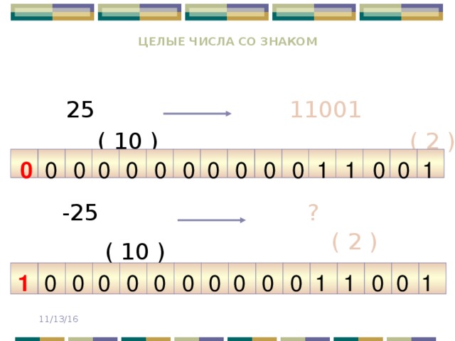 Целые числа со знаком 11001 25 ( 2 ) ( 10 ) 0 0 0 0 0 0 0 0 0 0 0 0 1 1 1 0 -25 ? ( 2 ) ( 10 ) 0 0 0 0 0 0 1 1 0 0 0 0 0 1 1 0 11/13/16 