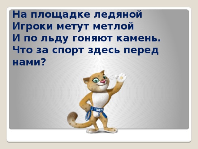 На площадке ледяной  Игроки метут метлой  И по льду гоняют камень.  Что за спорт здесь перед нами? 