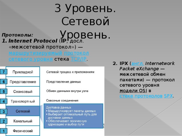 3 Уровень. Сетевой Уровень. Протоколы: Internet Protocol ( IP , досл. «межсетевой протокол») — маршрутизируемый  протокол  сетевого уровня стека TCP/IP . 2.  IPX ( англ.  Internetwork Packet eXchange — межсетевой обмен пакетами) — протокол сетевого уровня модели OSI в стеке протоколов  SPX . 