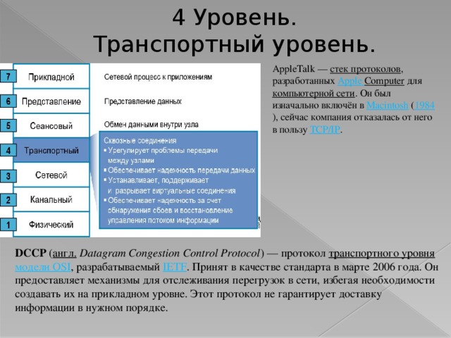 4 Уровень. Транспортный уровень. AppleTalk — стек протоколов , разработанных Apple  Computer для компьютерной сети . Он был изначально включён в Macintosh ( 1984 ), сейчас компания отказалась от него в пользу TCP/IP . DCCP ( англ.  Datagram Congestion Control Protocol ) — протокол транспортного уровня  модели OSI , разрабатываемый IETF . Принят в качестве стандарта в марте 2006 года. Он предоставляет механизмы для отслеживания перегрузок в сети, избегая необходимости создавать их на прикладном уровне. Этот протокол не гарантирует доставку информации в нужном порядке. 