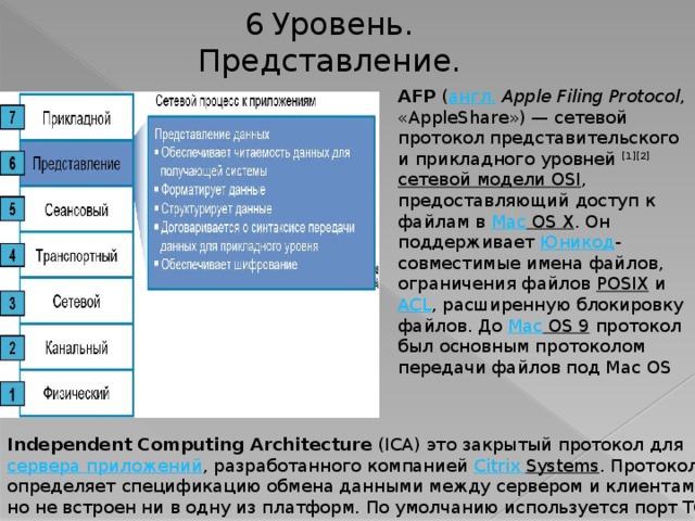 6  Уровень. Представление. AFP ( англ.  Apple Filing Protocol , «AppleShare») — сетевой протокол представительского и прикладного уровней [1][2]  сетевой модели OSI , предоставляющий доступ к файлам в Mac OS X . Он поддерживает Юникод -совместимые имена файлов, ограничения файлов POSIX и ACL , расширенную блокировку файлов. До Mac OS 9 протокол был основным протоколом передачи файлов под Mac OS Independent Computing Architecture (ICA) это закрытый протокол для сервера приложений , разработанного компанией Citrix  Systems . Протокол определяет спецификацию обмена данными между сервером и клиентами, но не встроен ни в одну из платформ. По умолчанию используется порт TCP 1494 . 