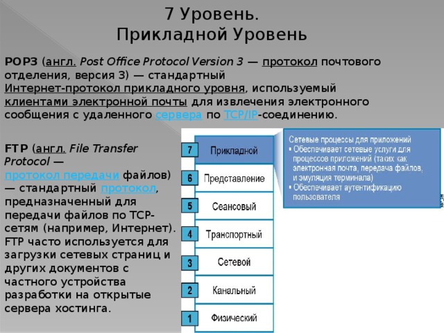 7 Уровень. Прикладной Уровень POP3 ( англ.  Post Office Protocol Version 3 — протокол почтового отделения, версия 3) — стандартный Интернет-протокол прикладного уровня , используемый клиентами электронной почты для извлечения электронного сообщения с удаленного сервера по TCP/IP -соединению. FTP ( англ.  File Transfer Protocol — протокол передачи файлов) — стандартный протокол , предназначенный для передачи файлов по TCP-сетям (например, Интернет). FTP часто используется для загрузки сетевых страниц и других документов с частного устройства разработки на открытые сервера хостинга. 