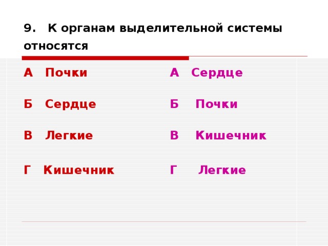 9. К органам выделительной системы относятся  А Почки   Б Сердце   В Легкие А Сердце   Б Почки   В Кишечник  Г Легкие   Г Кишечник 