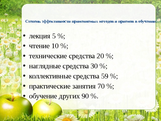   Степень эффективности применяемых методов и приемов в обучении:   лекция 5 %; чтение 10 %; технические средства 20 %; наглядные средства 30 %; коллективные средства 59 %; практические занятия 70 %; обучение других 90 %. 