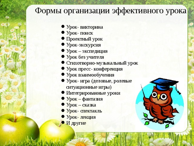 Формы организации эффективного урока Урок- викторина Урок- поиск Проектный урок Урок-экскурсия Урок – экспедиция Урок без учителя Стихотворно-музыкальный урок Урок пресс- конференция Урок взаимообучения Урок- игра (деловые, ролевые  ситуационные игры) Интегрированные уроки Урок – фантазия Урок – сказка Урок- спектакль Урок- лекция И другие  