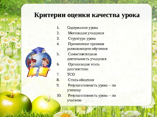 Критерии оценки качества урока Содержание урока  Мотивация учащихся  Структура урока  Применение приемов развивающего обучения  Самостоятельная деятельность учащихся  Организация этапа диагностики ТСО  Стиль общения  Результативность урока – по ученику  Результативность урока – по учителю 
