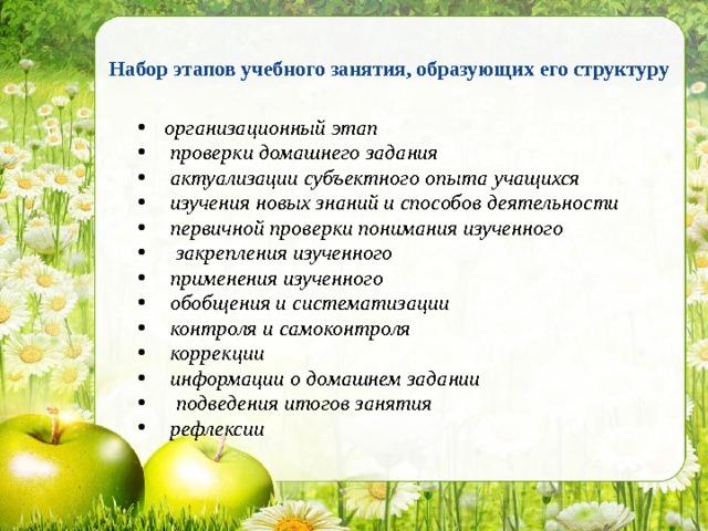 Набор этапов учебного занятия, образующих его структуру   организационный этап   проверки домашнего задания   актуализации субъектного опыта учащихся   изучения новых знаний и способов деятельности   первичной проверки понимания изученного   закрепления изученного   применения изученного   обобщения и систематизации   контроля и самоконтроля   коррекции   информации о домашнем задании   подведения итогов занятия   рефлексии  