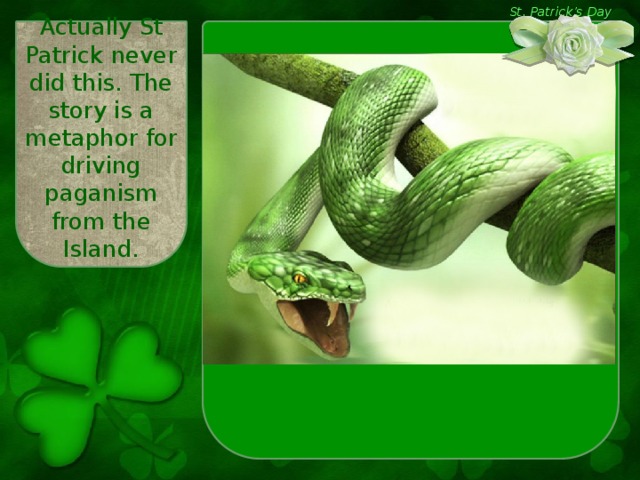 St. Patrick’s Day Actually St Patrick never did this. The story is a metaphor for driving paganism from the Island.