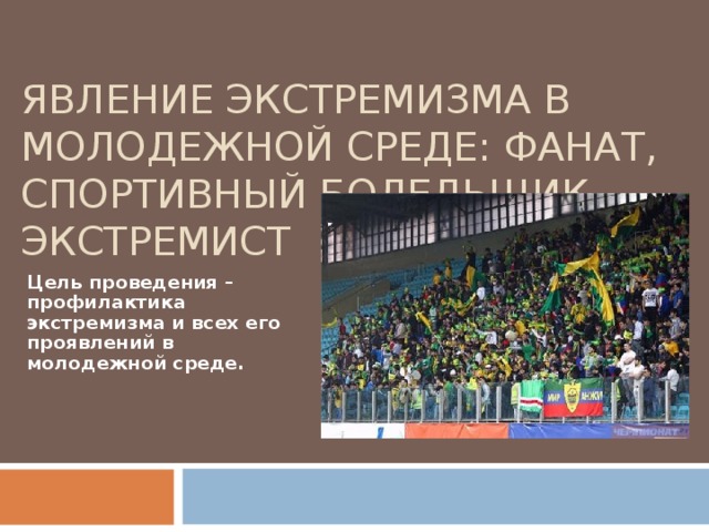 ЯВЛЕНИЕ ЭКСТРЕМИЗМА В МОЛОДЕЖНОЙ СРЕДЕ: ФАНАТ, СПОРТИВНЫЙ БОЛЕЛЬЩИК, ЭКСТРЕМИСТ Цель проведения – профилактика экстремизма и всех его проявлений в молодежной среде. 