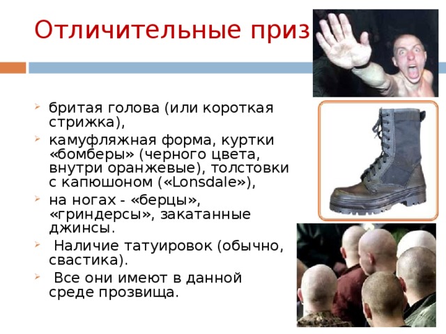 Отличительные признаки:   бритая голова (или короткая стрижка), камуфляжная форма, куртки «бомберы» (черного цвета, внутри оранжевые), толстовки с капюшоном (« Lonsdale »), на ногах - «берцы», «гриндерсы», закатанные джинсы.  Наличие татуировок (обычно, свастика).  Все они имеют в данной среде прозвища. 