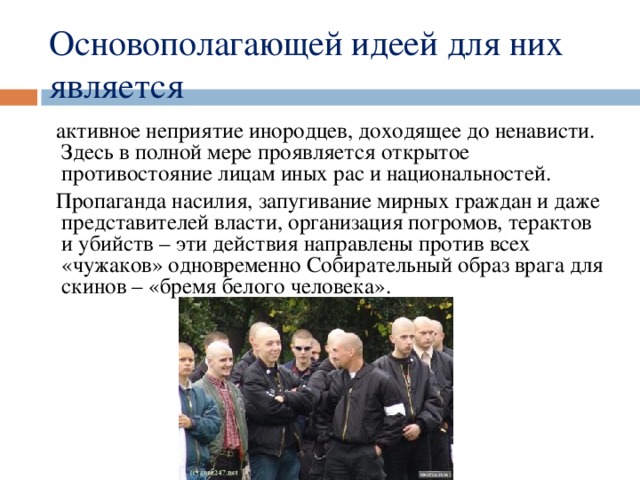 Основополагающей идеей для них является  активное неприятие инородцев, доходящее до ненависти. Здесь в полной мере проявляется открытое противостояние лицам иных рас и национальностей.  Пропаганда насилия, запугивание мирных граждан и даже представителей власти, организация погромов, терактов и убийств – эти действия направлены против всех «чужаков» одновременно Собирательный образ врага для скинов – «бремя белого человека». 