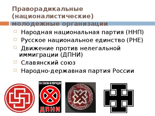 Праворадикальные (националистические)  молодежные организации  Народная национальная партия (ННП)  Русское национальное единство (РНЕ)  Движение против нелегальной иммиграции (ДПНИ)  Славянский союз  Народно-державная партия России   