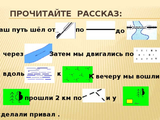 Прочитайте рассказ: по Наш путь шёл от до через . Затем мы двигались по . вдоль к К вечеру мы вошли в прошли 2 км по  и у  сделали привал . 