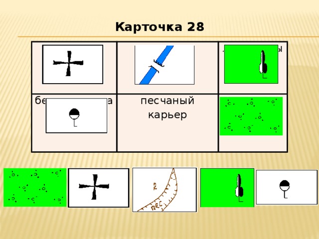 Карточка 28 церковь бензоколонка плотина лиственный лес песчаный карьер кустарник 