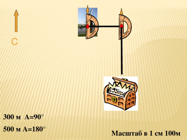 С 300 м А=90 ° 500 м А=180° Масштаб в 1 см 100м 