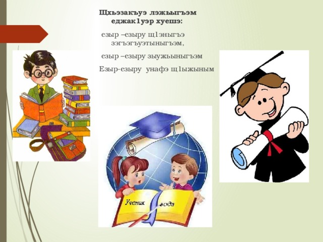 Щхьэзакъуэ лэжьыгъэм еджак1уэр хуешэ:  езыр –езыру щ1эныгъэ зэгъэгъуэтыныгъэм,  езыр –езыру зыужьыныгъэм Езыр-езыру унафэ щ1ыжыным Работа над развитием метапредметных способов действий даёт результаты. Увеличивается количество участников конференций различного уровня, это говорит о развитии навыков учебно-исследовательской деятельности. Учащиеся стали активными участниками районного конкурса «Ученик года», что свидетельствует о сформированности навыков самостоятельной деятельности. Увеличивается количество участников интернет - проектов благодаря возросшим интересам и устойчивым мотивам к познавательной деятельности у учащихся. 15 