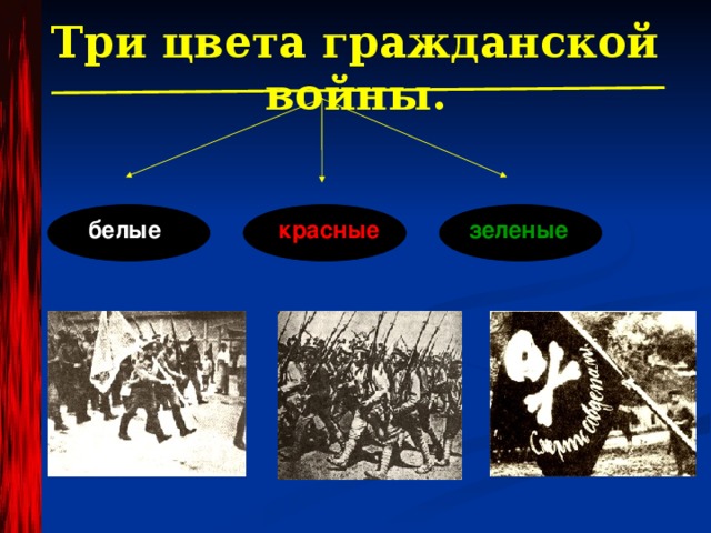 Три цвета гражданской войны.  белые красные  зеленые  