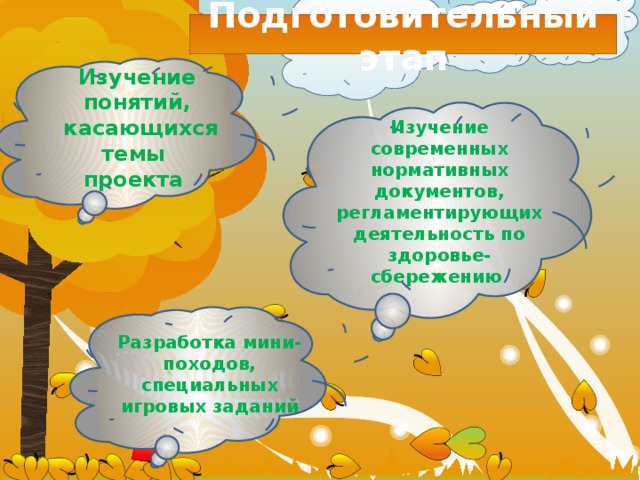 Подготовительный этап Изучение понятий,  касающихся темы проекта Изучение современных нормативных документов, регламентирующих деятельность по здоровье- сбережению Разработка мини-походов, специальных игровых заданий 