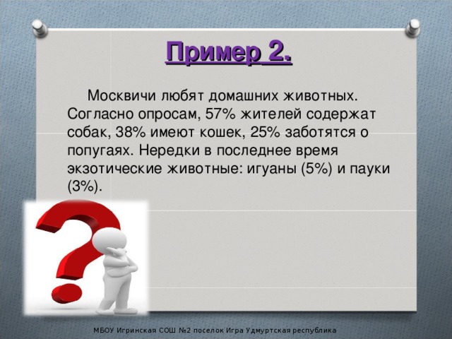 Пример 2.   Москвичи любят домашних животных. Согласно опросам, 57% жителей содержат собак, 38% имеют кошек, 25% заботятся о попугаях. Нередки в последнее время экзотические животные: игуаны (5%) и пауки (3%). МБОУ Игринская СОШ №2 поселок Игра Удмуртская республика