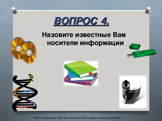 ВОПРОС 4. Назовите известные Вам носители информации  МБОУ Игринская СОШ №2 поселок Игра Удмуртская республика