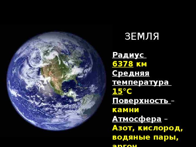 ЗЕМЛЯ Радиус  6378 км  Средняя температура  15 °С  Поверхность –  камни  Атмосфера  – Азот, кислород, водяные пары, аргон, углекислый газ 