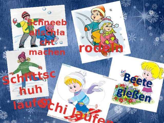Schlittschuh laufen Schi laufen Schneeballschlacht machen rodeln 