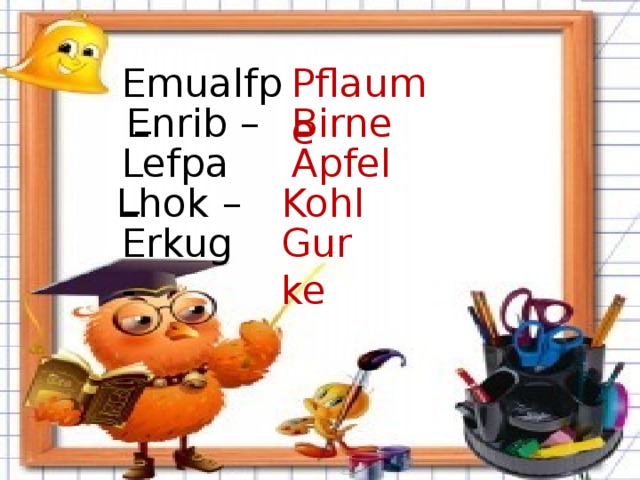 Emualfp – Pflaume Enrib – Birne Lefpa – Apfel Lhok – Kohl Erkug - Gurke 