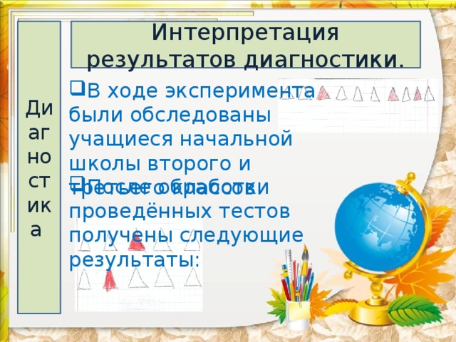 Диагностика  Интерпретация результатов диагностики. В ходе эксперимента были обследованы учащиеся начальной школы второго и третьего классов. После обработки проведённых тестов получены следующие результаты: 