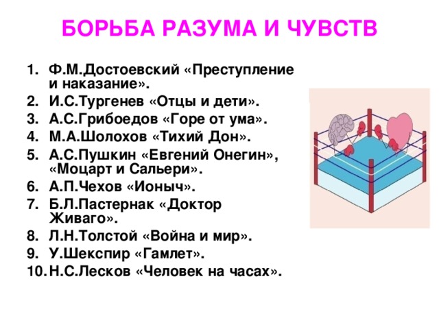 БОРЬБА РАЗУМА И ЧУВСТВ Ф.М.Достоевский «Преступление и наказание». И.С.Тургенев «Отцы и дети». А.С.Грибоедов «Горе от ума». М.А.Шолохов «Тихий Дон». А.С.Пушкин «Евгений Онегин», «Моцарт и Сальери». А.П.Чехов «Ионыч». Б.Л.Пастернак «Доктор Живаго». Л.Н.Толстой «Война и мир». У.Шекспир «Гамлет». Н.С.Лесков «Человек на часах».     