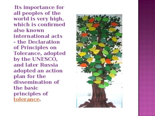  Its importance for all peoples of the world is very high, which is confirmed also known international acts - the Declaration of Principles on Tolerance, adopted by the UNESCO, and later Russia adopted an action plan for the dissemination of the basic principles of tolerance . 