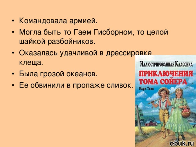 Командовала армией. Могла быть то Гаем Гисборном, то целой шайкой разбойников. Оказалась удачливой в дрессировке клеща. Была грозой океанов. Ее обвинили в пропаже сливок.
