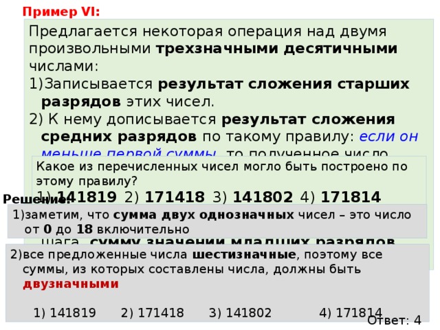 Пример VI: Предлагается некоторая операция над двумя произвольными трехзначными десятичными числами: Записывается результат сложения старших разрядов этих чисел.  К нему дописывается результат сложения средних разрядов по такому правилу: если он меньше первой суммы , то полученное число приписывается к первому слева , иначе – справа. Итоговое число получают приписыванием справа к числу, полученному после второго шага, сумму значений младших разрядов исходных чисел. Какое из перечисленных чисел могло быть построено по этому правилу? 1) 141819  2) 171418  3) 141802  4) 171814 Решение: заметим, что сумма двух однозначных чисел – это число от 0 до 18 включительно все предложенные числа шестизначные , поэтому все суммы, из которых составлены числа, должны быть двузначными 1) 141819   2) 171418  3) 141802   4) 171814 Ответ: 4 