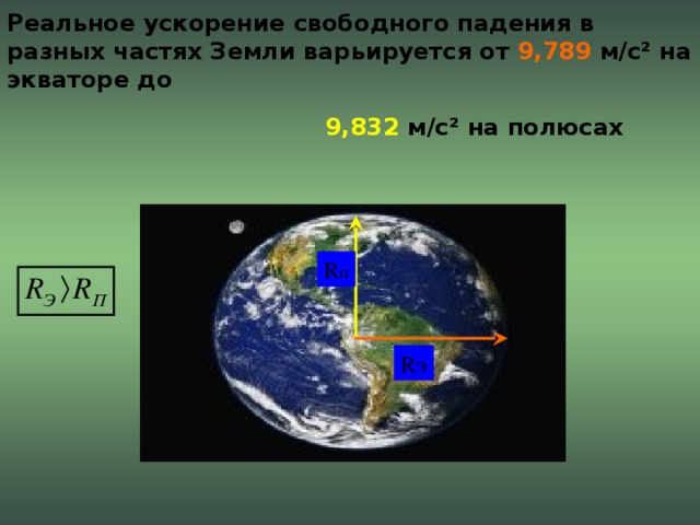 Реальное ускорение свободного падения в разных частях Земли варьируется от 9,789 м/с² на экваторе до   9,832 м/с² на полюсах  R п R э 