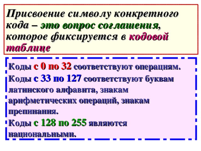 Присвоение символу конкретного кода – это вопрос соглашения , которое фиксируется в кодовой таблице Коды с 0 по 32 соответствуют операциям.  Коды с 33 по 127 соответствуют буквам латинского алфавита, знакам арифметических операций, знакам препинания.  Коды с 128 по 255 являются национальными. 