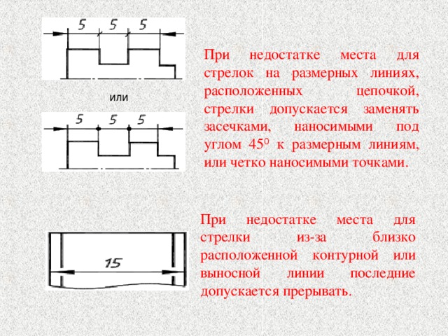 При недостатке места для стрелок на размерных линиях, расположенных цепочкой, стрелки допускается заменять засечками, наносимыми под углом 45 0 к размерным линиям, или четко наносимыми точками. или При недостатке места для стрелки из-за близко расположенной контурной или выносной линии последние допускается прерывать. 