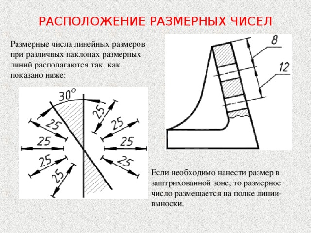 РАСПОЛОЖЕНИЕ РАЗМЕРНЫХ ЧИСЕЛ Размерные числа линейных размеров при различных наклонах размерных линий располагаются так, как показано ниже: Если необходимо нанести размер в заштрихованной зоне, то размерное число размещается на полке линии-выноски. 