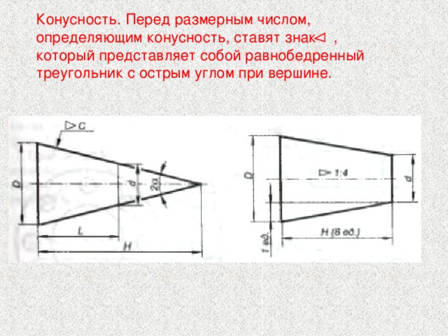 Конусность. Перед размерным числом, определяющим конусность, ставят знак    , который представляет собой равнобедренный треугольник с острым углом при вершине. 