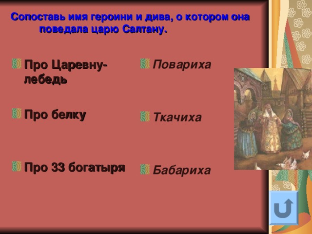 Имена героинь пушкина. Сопоставь имя героини и дива, о котором она поведала царю Салтану.. Характеристика бабарихи. Название викторины по Пушкину. 33 Богатыря текст.